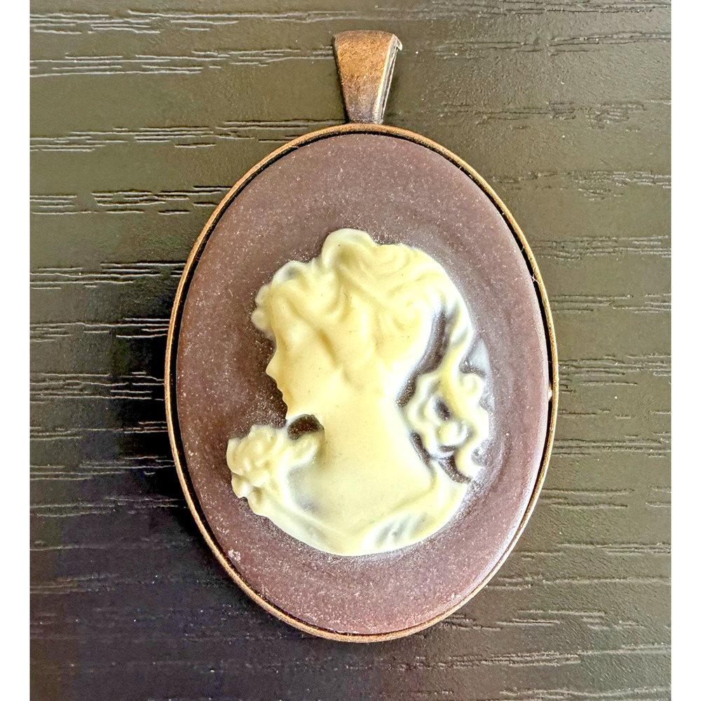 Vintage Cameo Pendant Necklace Brown Cream Lady Portrait Oval 2”